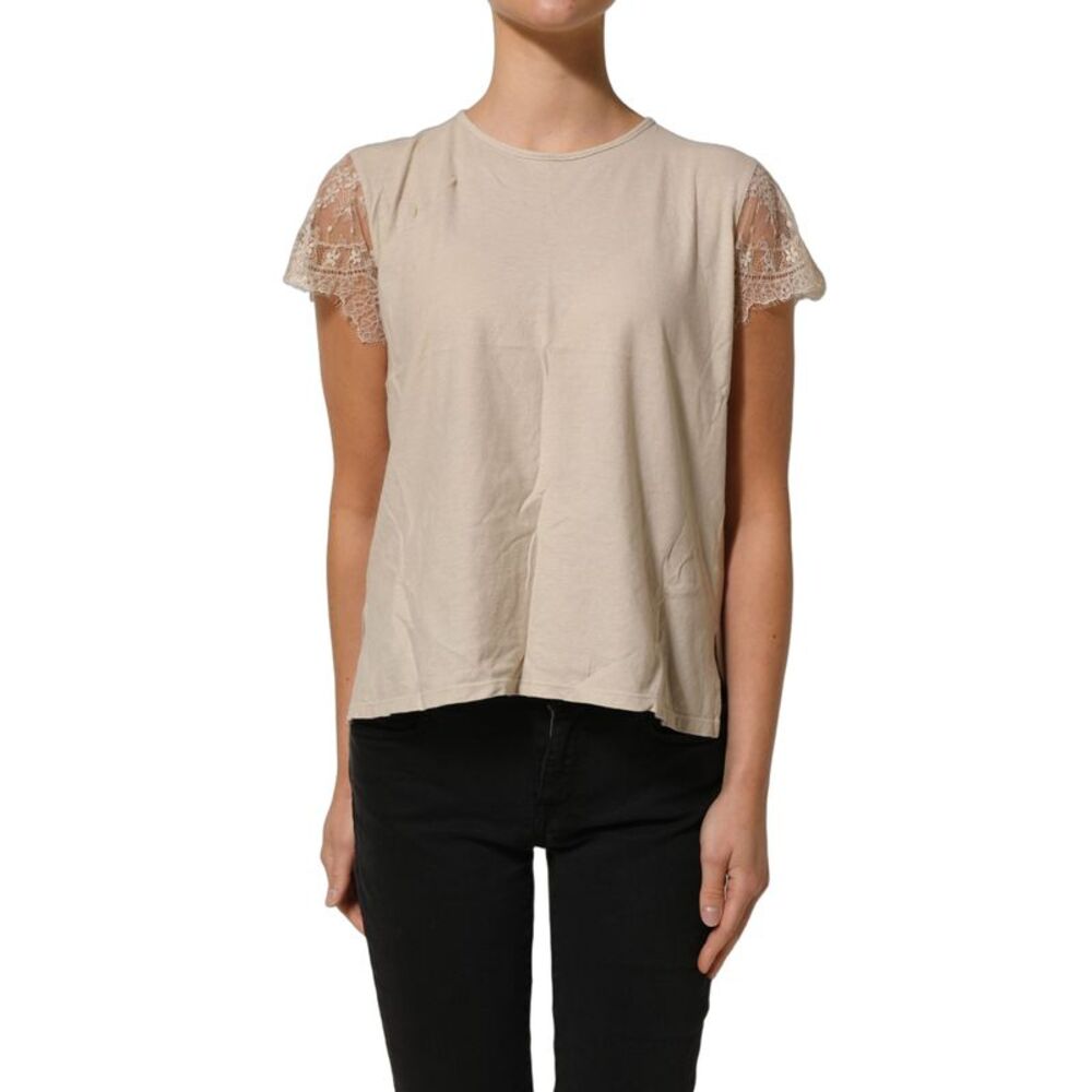 PINK MEMORIES Beige Cotton Lace Detailing Round Neck Women's Top